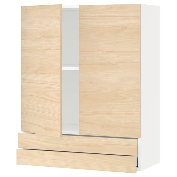 Light wood cabinet with two doors and a drawer; modern kitchen storage.
