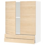 Light wood cabinet with two doors and a drawer; modern kitchen storage.