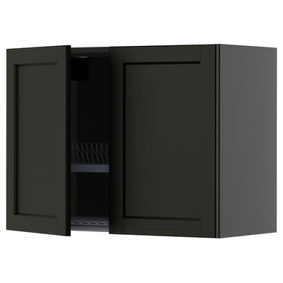 A dark green METOD kitchen wall cabinet with one open door revealing a wire dish drainer.