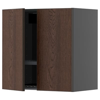 Dark brown kitchen wall cabinet with wood grain finish and open door.