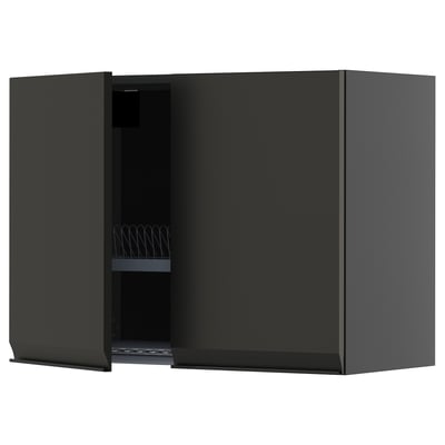 Black kitchen wall cabinet with open door, 2 shelves.