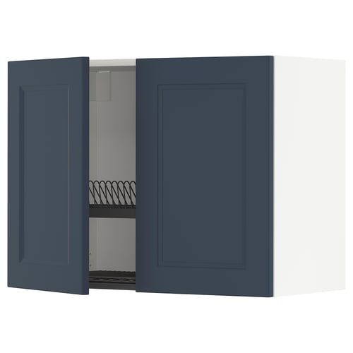 A blue kitchen cabinet from the METOD system, featuring a wall-mounted design with two doors and an adjustable shelf inside.