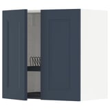 A blue METOD kitchen cabinet with one door open, revealing a wire dish drainer inside.