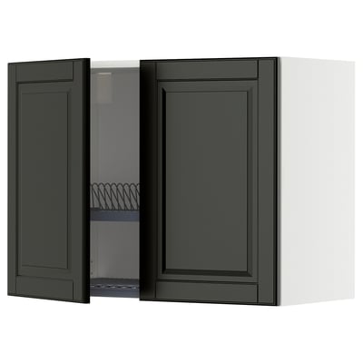 METOD kitchen cabinet, black with beveled edges, open showing interior shelves. 25-year guarantee. Square, modern design.