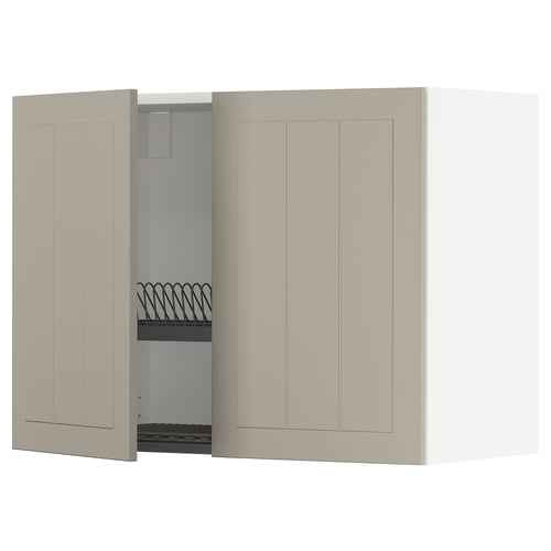 METOD wall cabinet w dish drainer/2 doors, white/Stensund beige