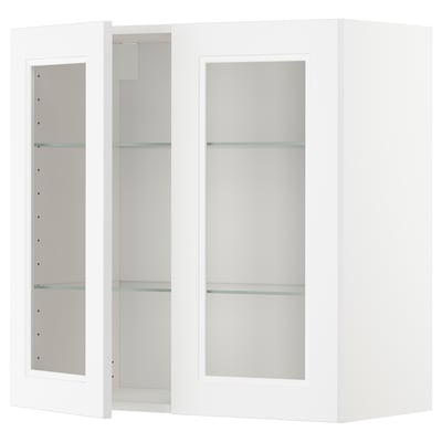 White METOD kitchen cabinet with glass doors and adjustable shelves.
