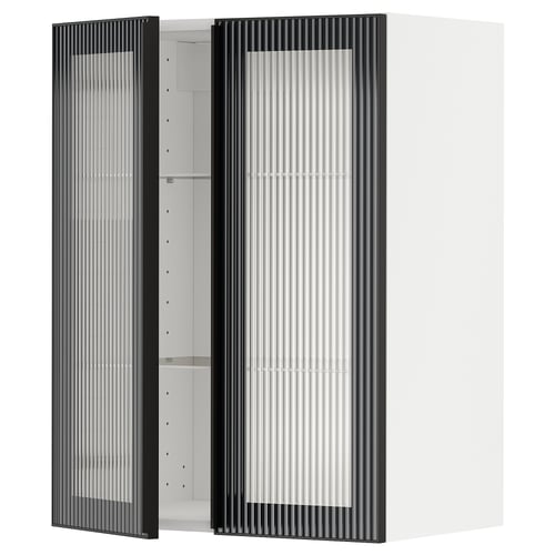Modern black kitchen cabinet with fluted glass doors and adjustable shelves.
