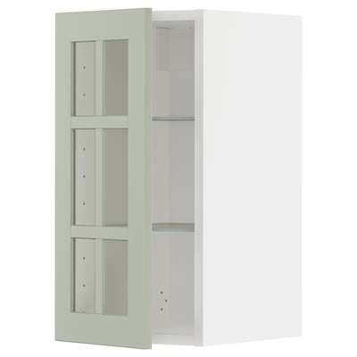 METOD kitchen cabinet with 3 green glass doors, adjustable shelves, left or right mount.
