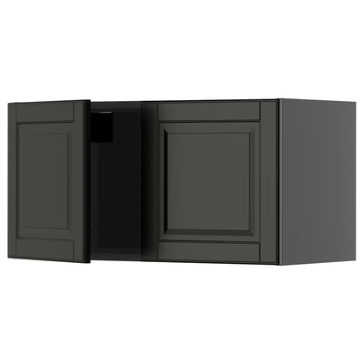 Dark gray kitchen cabinet with square doors and beveled edges.