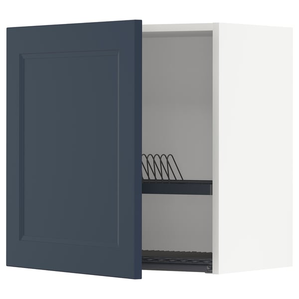 Measure kitchen unit with blue door, white open side, spring, and rack. Modern, rectangular, gray interior.