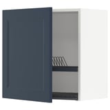 Measure kitchen unit with blue door, white open side, spring, and rack. Modern, rectangular, gray interior.