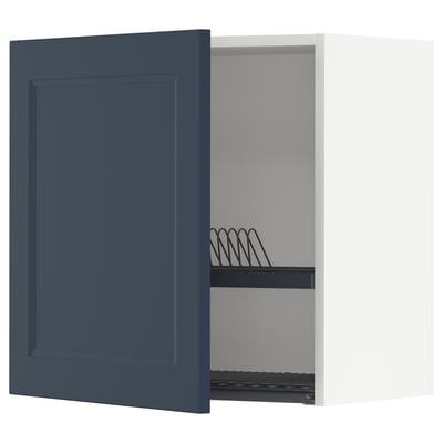 Measure kitchen unit with blue door, white open side, spring, and rack. Modern, rectangular, gray interior.
