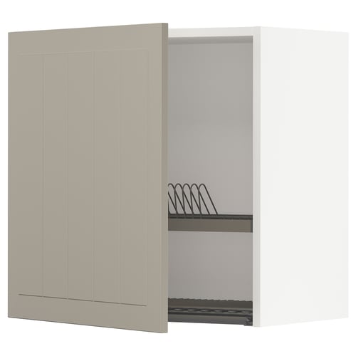 METOD kitchen cabinet in beige with adjustable shelf and dish drainer.