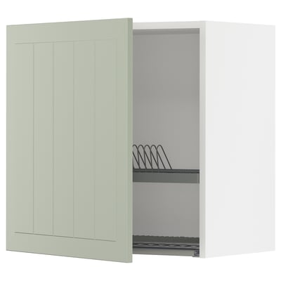 Open light green METOD kitchen cabinet with wire shelf and dish rack.