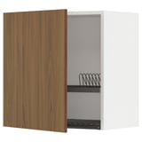 Open kitchen cabinet with walnut door & wire shelf.
