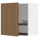 Open kitchen cabinet with walnut door & wire shelf.