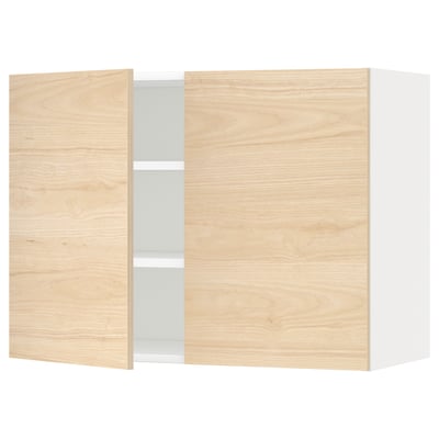 Modern light wood METOD wall cabinet with 2 doors and glass middle panel.