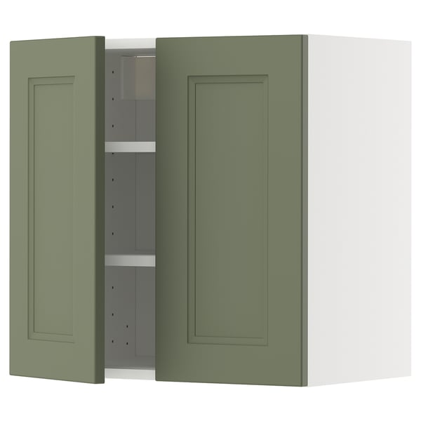 Green kitchen cabinet, open, rectangular shape, wall-mounted.
