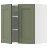 Green kitchen cabinet, open, rectangular shape, wall-mounted.