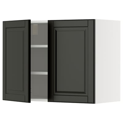 Modern black kitchen cabinet with beveled edges, two-door design, featuring shelves inside.