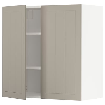 A beige METOD kitchen cabinet set with panel design and adjustable shelves.