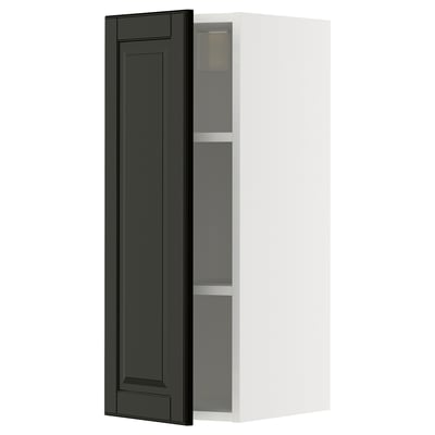 Black beveled-edge cabinet door, white wall unit, tall rectangular shape with 2 shelves.
