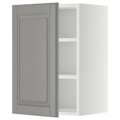 Open grey cabinet from ikea METOD series, grey color, rectangular shape, white inside.