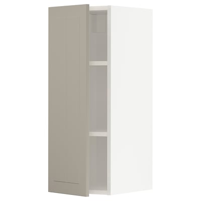 An open beige METOD kitchen cabinet from ikea. It a tall, rectangular shape with two shelves inside.