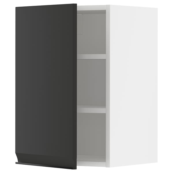 Modern kitchen cabinet, open view, white & black, metal shelves