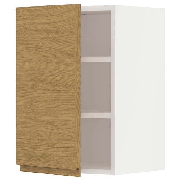 Open oak wood cabinet, minimalist design, three shelves, integrated handles.
