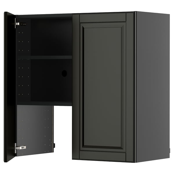 Black gray wall cabinet with door, part of METOD kitchen system, featuring beveled edges and adjustable shelf.