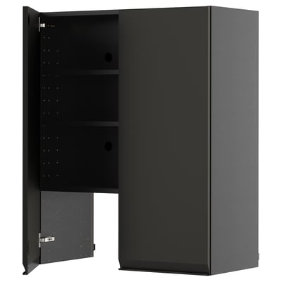 Black kitchen cabinet with two open shelves, matte finish, square shape.