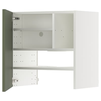 Open METOD kitchen unit in greenish grey with adjustable shelves.