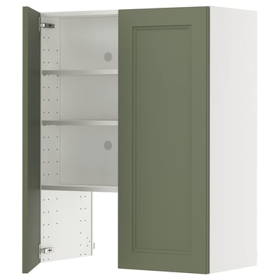 A green METOD kitchen cabinet with an open door, featuring a modern design and an adjustable shelf inside.