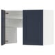Blue METOD kitchen cabinet with white interior, open door, adjustable shelf.