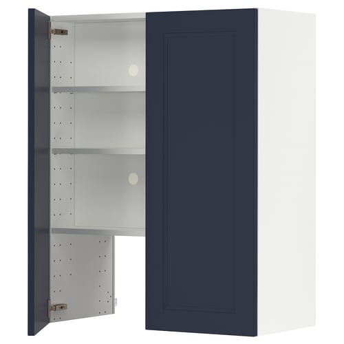 Blue ikea METOD kitchen cabinet with white interior, three shelves, right-swing door.