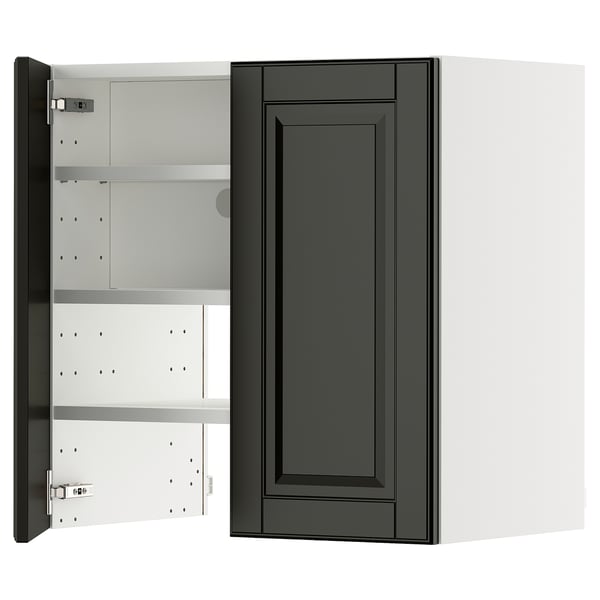 A black METOD kitchen cabinet with adjustable shelves, hinges on the door, and a modern, sleek design.