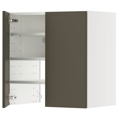A METOD kitchen cabinet with dark brown/beige havstorp fronts. Its rectangular, has multiple adjustable shelves, and nickel-plated hinges.