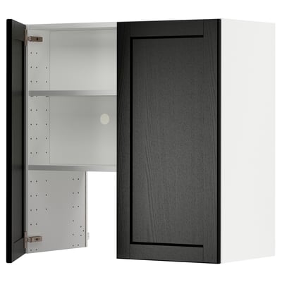 A METOD kitchen cabinet in black with a bevelled edge design, featuring an open door revealing adjustable shelves.