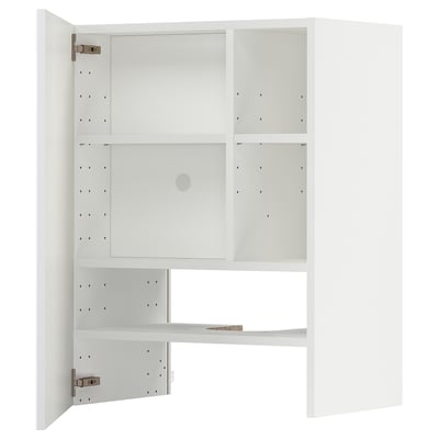 White modern kitchen cabinet, glossy finish, square shape with adjustable shelves, minimalist design.