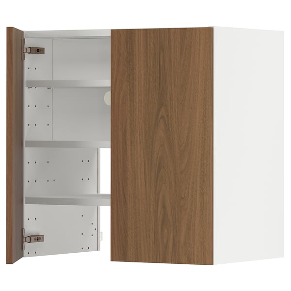 A modern wooden cabinet with adjustable shelves and metal hinges. It a walnut finish and a minimalist design, perfect for a kitchen or bathroom.