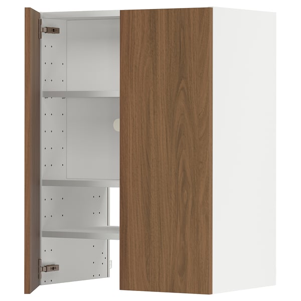 Modern kitchen cabinet, walnut finish, white shelves, two doors, adjustable shelves.