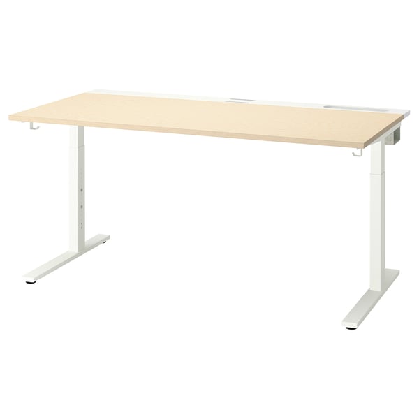 MITTZON desk, light wood top, white metal legs, height-adjustable, clean design.