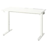 A white MITTZON adjustable desk with a rectangular top and metal legs. It cable management and a small compartment for organizing small items.