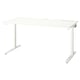 MITTZON white desk with height adjustment, rectangular top, four angled legs, crossbar support, and cable management tray. Modern, minimalist design.
