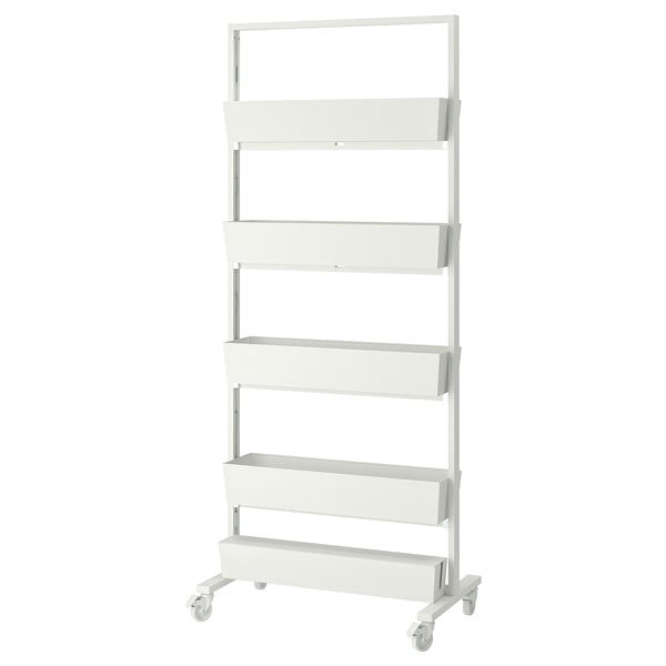 A white MITTZON rolling shelving unit with five compartments, ideal for organizing or displaying items, with a minimalist and modern design.