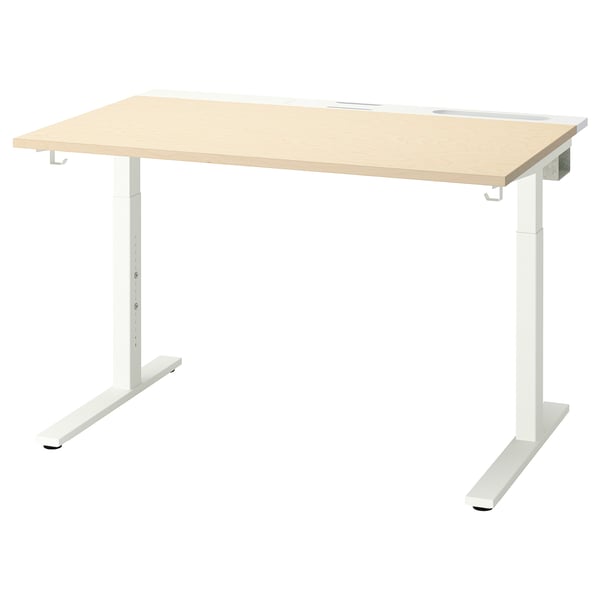 MITTZON desk, light wood top, white legs, adjustable height, minimalist design.