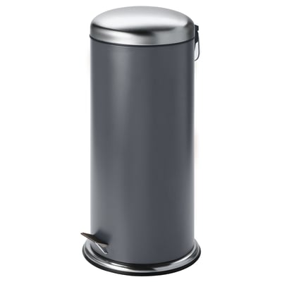 Grey MJÖSA trash can with stainless steel lid & handle, soft-close, inner bucket.