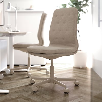 Two beige MULLFJÄLLET office chairs on wooden floor, one near a white desk.