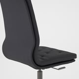 Dark grey office chair with high back, cushioned seat, and adjustable.